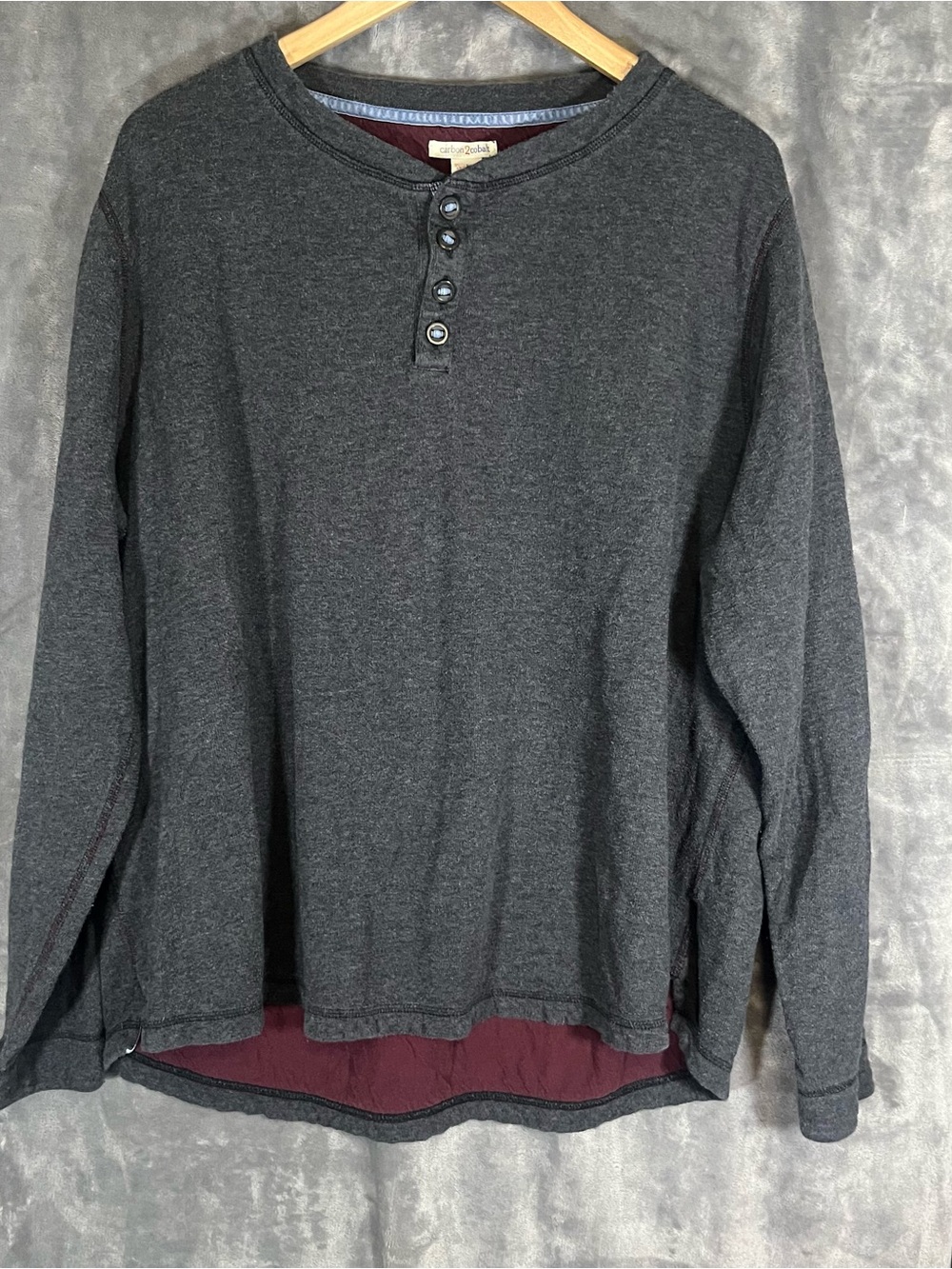 Men's Dark Gray Henley Long Sleeve Shirt with Layered Hem